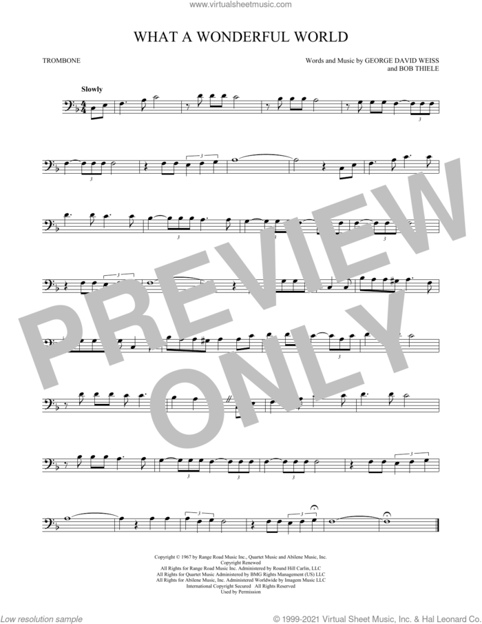 What A Wonderful World sheet music for trombone solo by Louis Armstrong, Bob Thiele and George David Weiss, intermediate skill level