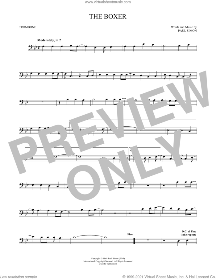 The Boxer sheet music for trombone solo by Simon & Garfunkel and Paul Simon, intermediate skill level