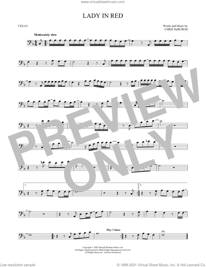 The Lady In Red sheet music for cello solo by Chris de Burgh, intermediate skill level
