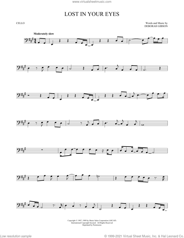 Lost In Your Eyes sheet music for cello solo by Debbie Gibson and Deborah Gibson, intermediate skill level