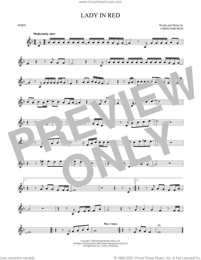 The Lady In Red sheet music for horn solo by Chris de Burgh, intermediate skill level