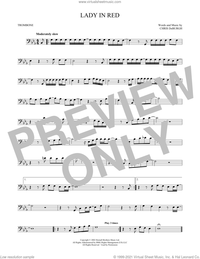 The Lady In Red sheet music for trombone solo by Chris de Burgh, intermediate skill level