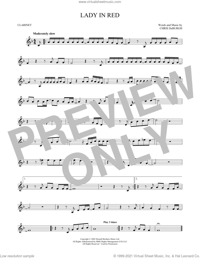 The Lady In Red sheet music for clarinet solo by Chris de Burgh, intermediate skill level