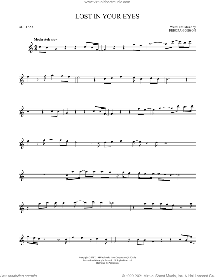 Lost In Your Eyes sheet music for alto saxophone solo by Debbie Gibson and Deborah Gibson, intermediate skill level