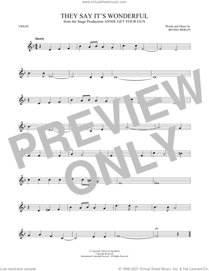 They Say It's Wonderful (from Annie Get Your Gun) sheet music for violin solo by Irving Berlin, intermediate skill level