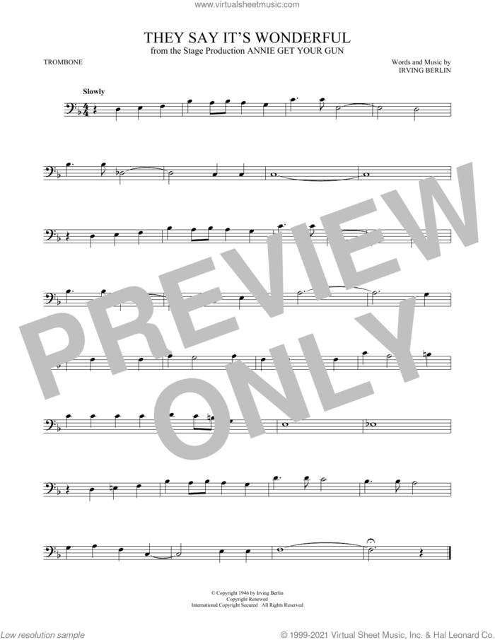 They Say It's Wonderful (from Annie Get Your Gun) sheet music for trombone solo by Irving Berlin, intermediate skill level