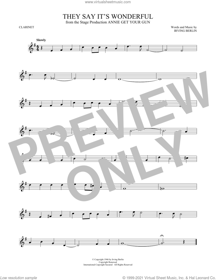 They Say It's Wonderful (from Annie Get Your Gun) sheet music for clarinet solo by Irving Berlin, intermediate skill level