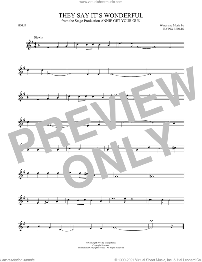 They Say It's Wonderful (from Annie Get Your Gun) sheet music for horn solo by Irving Berlin, intermediate skill level