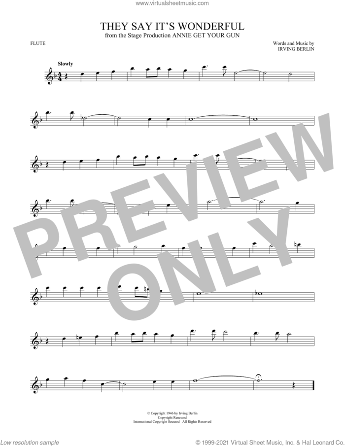 They Say It's Wonderful (from Annie Get Your Gun) sheet music for flute solo by Irving Berlin, intermediate skill level