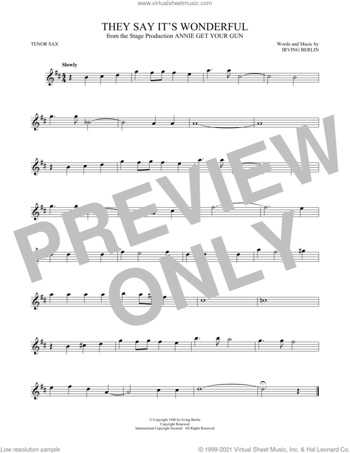 They Say It's Wonderful (from Annie Get Your Gun) sheet music for tenor saxophone solo by Irving Berlin, intermediate skill level