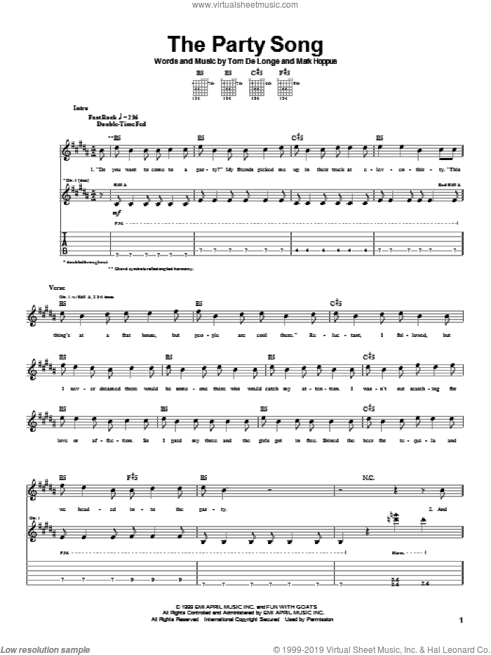 The Party Song sheet music for guitar (tablature) by Blink-182, Mark Hoppus and Tom DeLonge, intermediate skill level