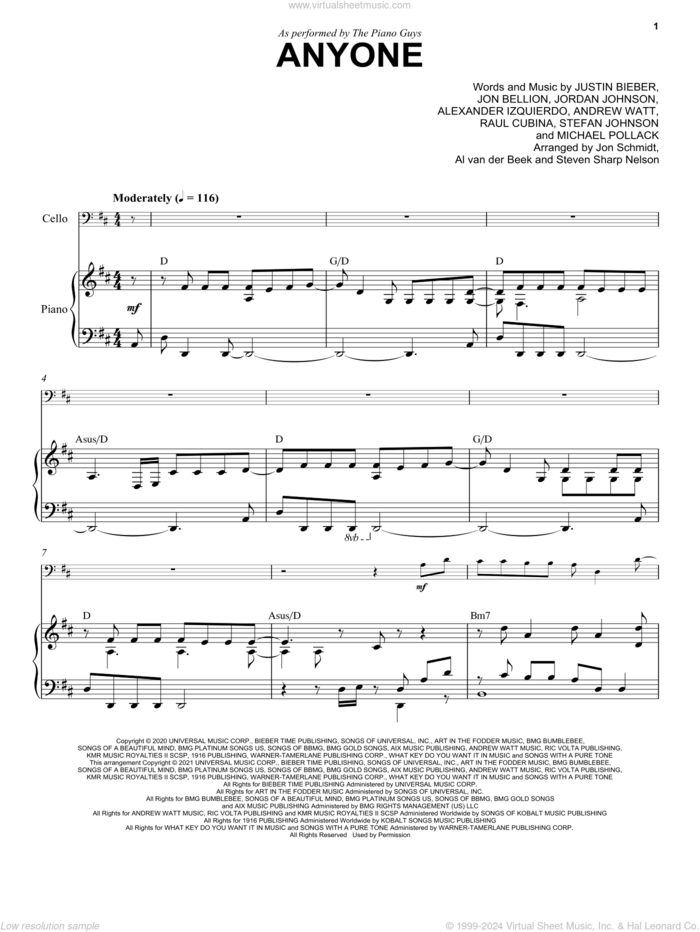 Anyone (with Optional Cello) sheet music for piano solo by The Piano Guys, Alexander Izquierdo, Andrew Watt, Jon Bellion, Jordan Johnson, Justin Bieber, Michael Pollack, Raul Cubina and Stefan Johnson, intermediate skill level