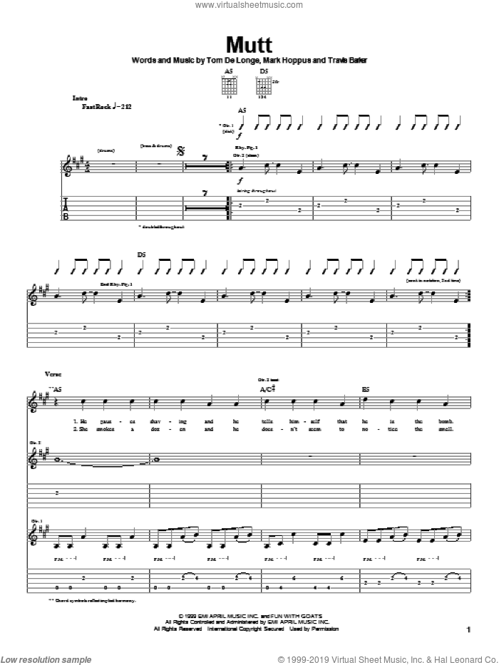 Mutt sheet music for guitar (tablature) by Blink-182, Mark Hoppus, Tom DeLonge and Travis Barker, intermediate skill level