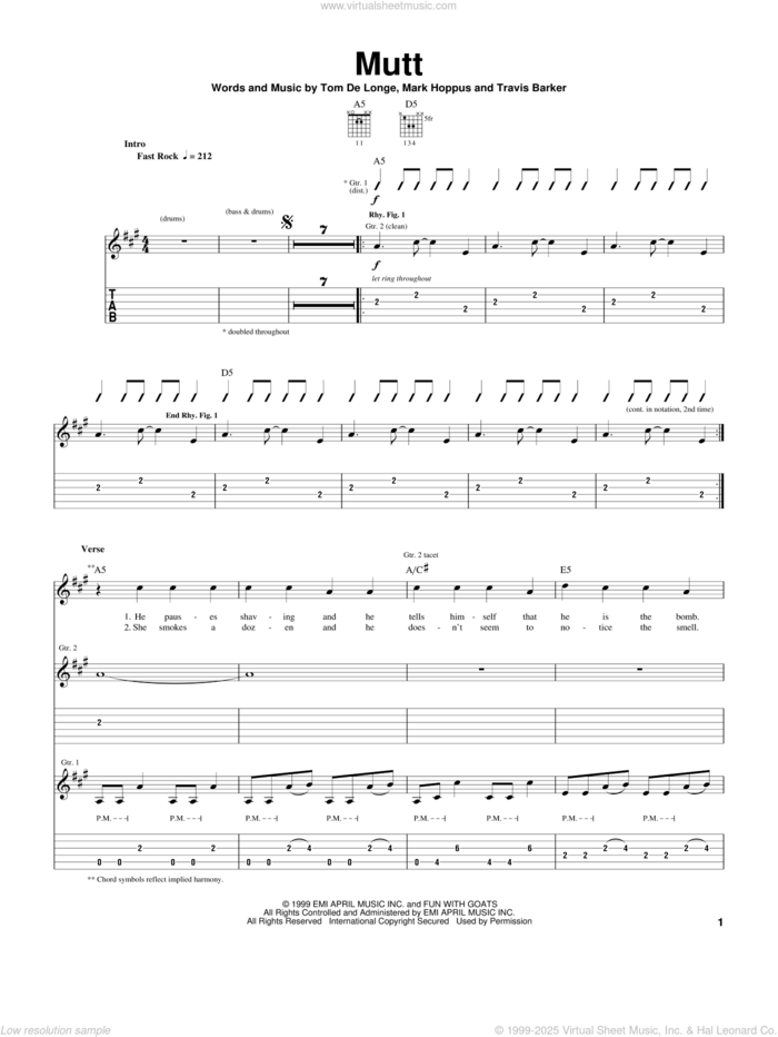 Mutt sheet music for guitar (tablature) by Blink-182, Mark Hoppus, Tom DeLonge and Travis Barker, intermediate skill level