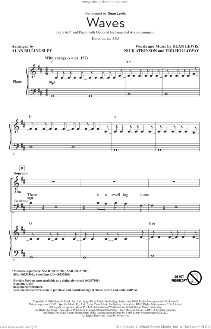 Waves (arr. Alan Billingsley) sheet music for choir (SAB: soprano, alto, bass) by Dean Lewis, Alan Billingsley, Edd Holloway and Nick Atkinson, intermediate skill level