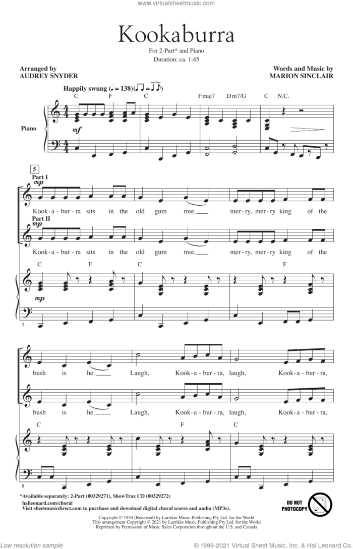 Kookaburra (Kookaburra Sits In The Old Gum Tree) (arr. Audrey Snyder) sheet music for choir (2-Part) by Marion Sinclair and Audrey Snyder, intermediate duet