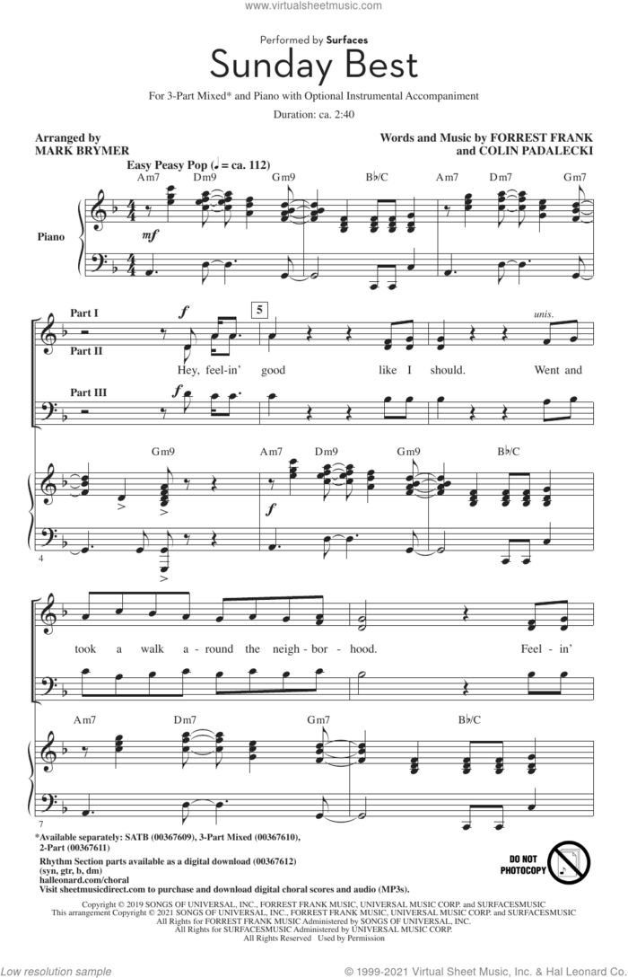 Sunday Best (arr. Mark Brymer) sheet music for choir (3-Part Mixed) by Surfaces, Mark Brymer, Colin Padalecki and Forrest Frank, intermediate skill level