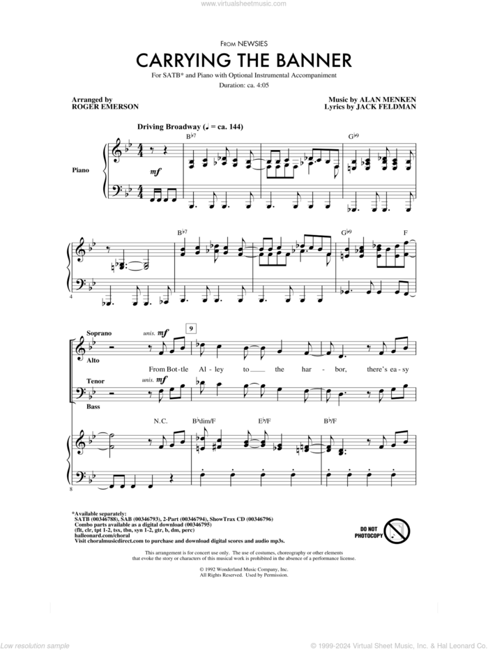 Carrying The Banner (from Newsies) (arr. Roger Emerson) sheet music for choir (SATB: soprano, alto, tenor, bass) by Alan Menken, Roger Emerson, Alan Menken & Jack Feldman and Jack Feldman, intermediate skill level