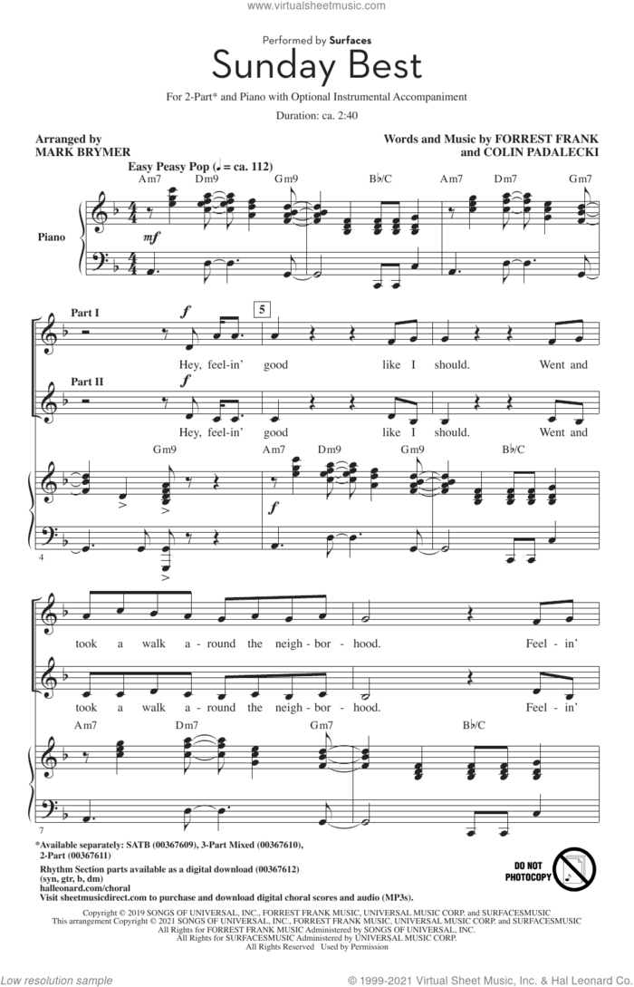 Sunday Best (arr. Mark Brymer) sheet music for choir (2-Part) by Surfaces, Mark Brymer, Colin Padalecki and Forrest Frank, intermediate duet