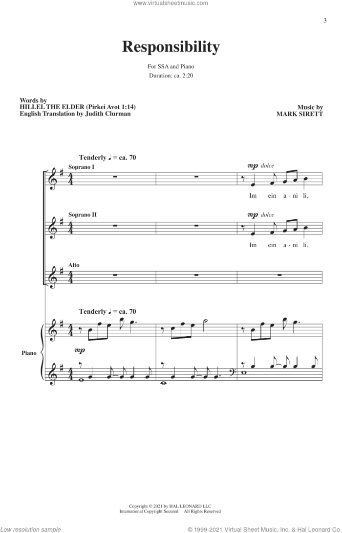 Responsibility sheet music for choir (SSA: soprano, alto) by Mark Sirett and Hillel the Elder, intermediate skill level