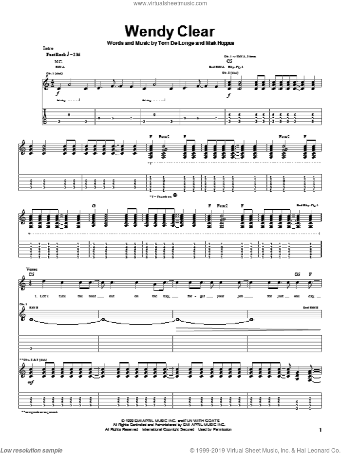 Wendy Clear sheet music for guitar (tablature) by Blink-182, Mark Hoppus and Tom DeLonge, intermediate skill level