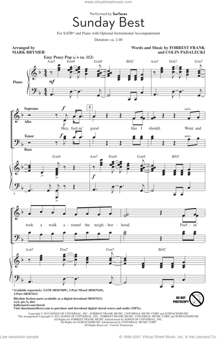 Sunday Best (arr. Mark Brymer) sheet music for choir (SATB: soprano, alto, tenor, bass) by Surfaces, Mark Brymer, Colin Padalecki and Forrest Frank, intermediate skill level