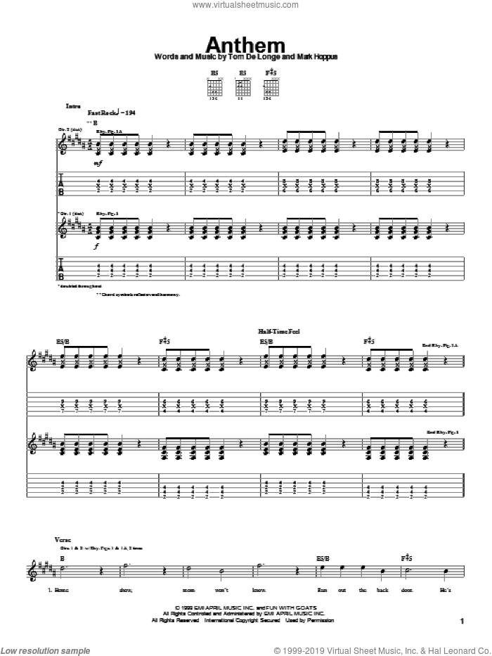 Anthem sheet music for guitar (tablature) by Blink-182, Mark Hoppus and Tom DeLonge, intermediate skill level
