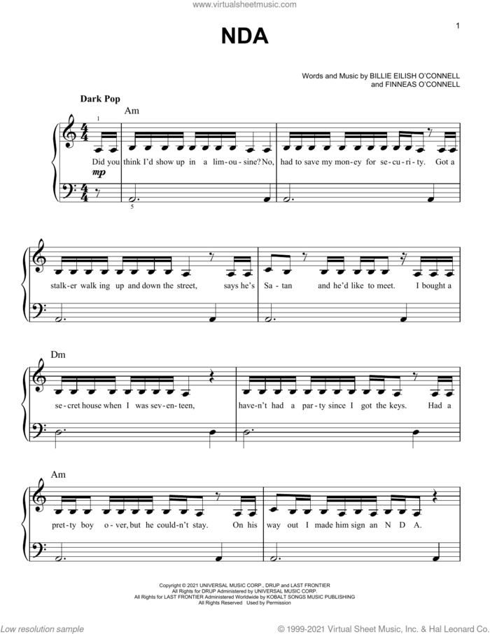 NDA sheet music for piano solo by Billie Eilish, easy skill level