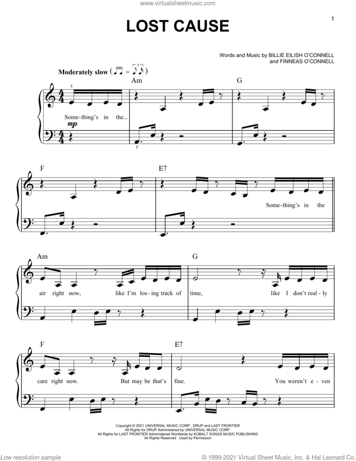 Lost Cause sheet music for piano solo by Billie Eilish, easy skill level