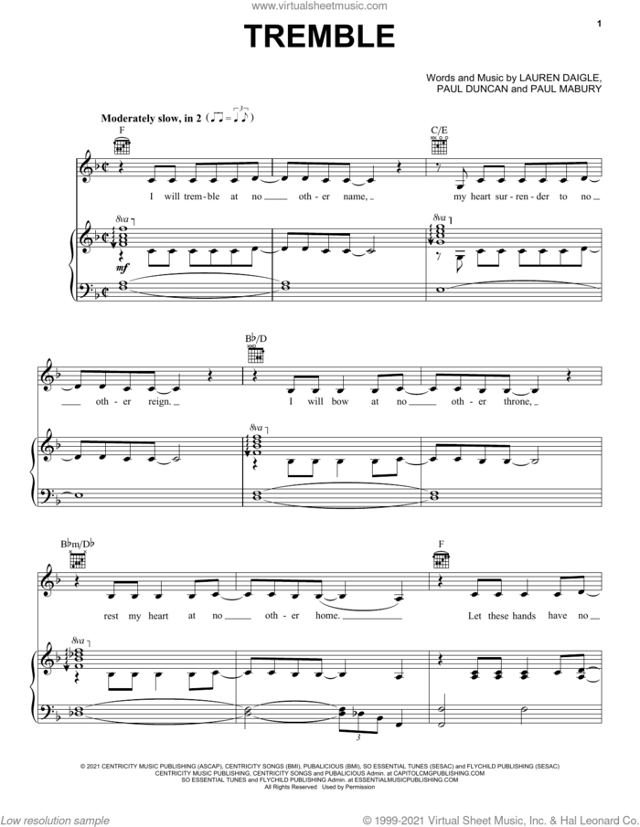 Tremble sheet music for voice, piano or guitar by Lauren Daigle, Paul Duncan and Paul Mabury, intermediate skill level