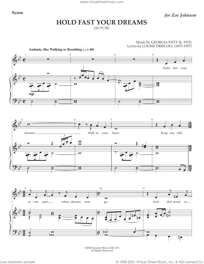 Hold Fast Your Dreams sheet music for voice and piano by Georgia Stitt and Louise Driscoll, intermediate skill level