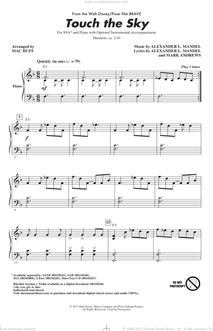 Touch The Sky (from Brave) (arr. Mac Huff) sheet music for choir (SSA: soprano, alto) by Julie Fowlis, Mac Huff, Alexander L. Mandel and Mark Andrews, intermediate skill level