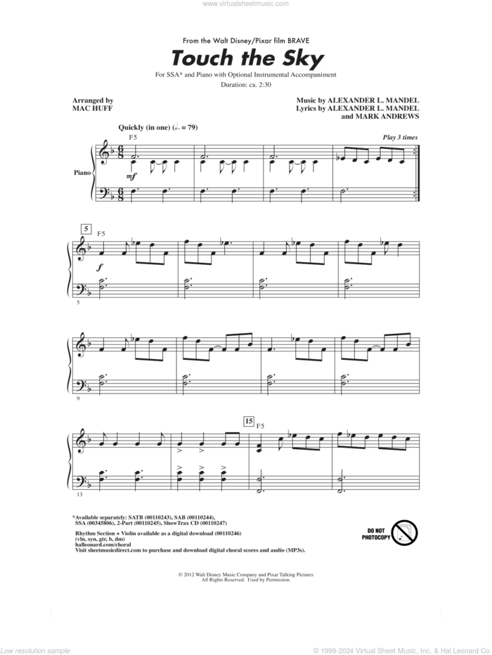 Touch The Sky (from Brave) (arr. Mac Huff) sheet music for choir (SSA: soprano, alto) by Julie Fowlis, Mac Huff, Alexander L. Mandel and Mark Andrews, intermediate skill level