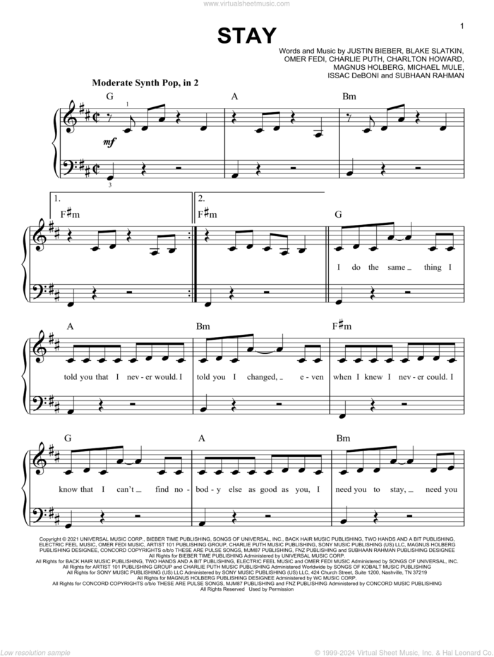 Stay (feat. Justin Bieber), (easy) sheet music for piano solo by The Kid LAROI, Blake Slatkin, Charlie Puth, Charlton Howard, Issac De Boni, Justin Bieber, Michael Mule, Omer Fedi and Subhaan Rahman, easy skill level