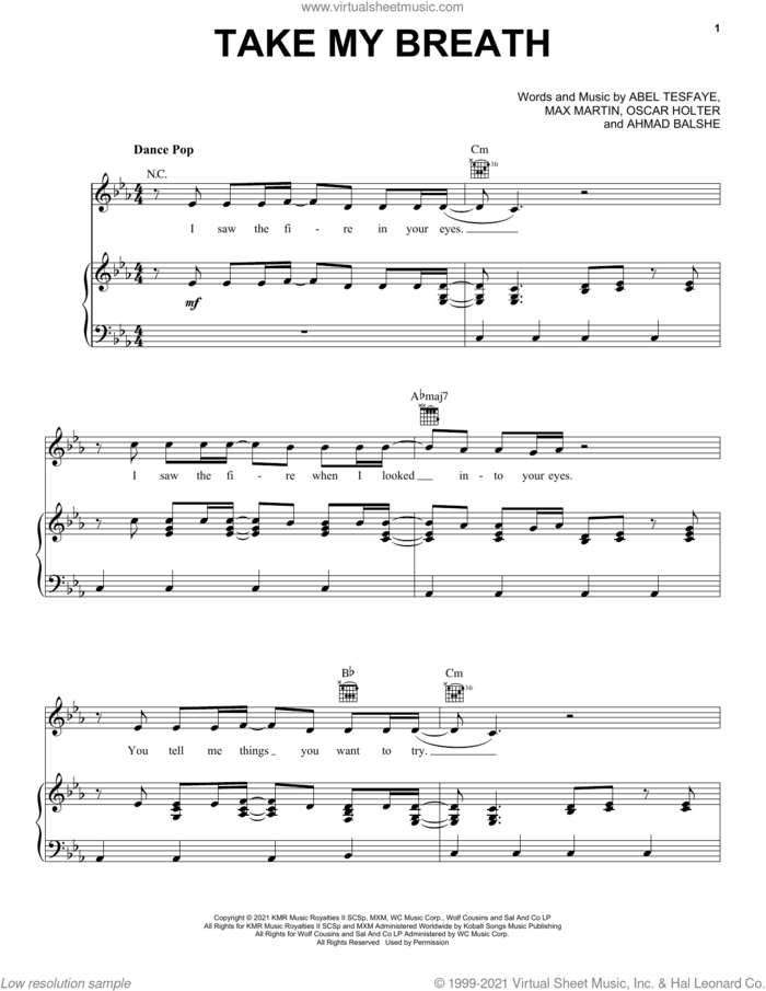 Take My Breath sheet music for voice, piano or guitar by The Weeknd, Abel Tesfaye, Ahmad Balshe, Max Martin and Oscar Holter, intermediate skill level