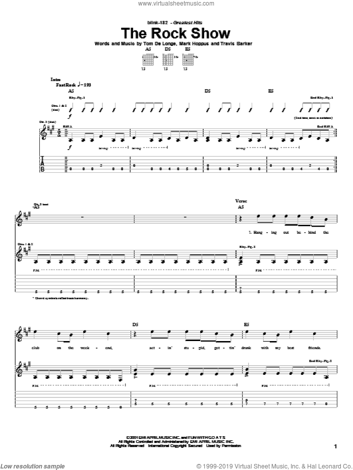 The Rock Show sheet music for guitar (tablature) by Blink-182, Mark Hoppus, Tom DeLonge and Travis Barker, intermediate skill level