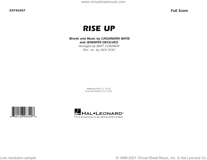 Rise Up (arr. Matt Conaway) (COMPLETE) sheet music for marching band by Matt Conaway, Andra Day, Cassandra Batie, Jack Holt and Jennifer Decilveo, intermediate skill level