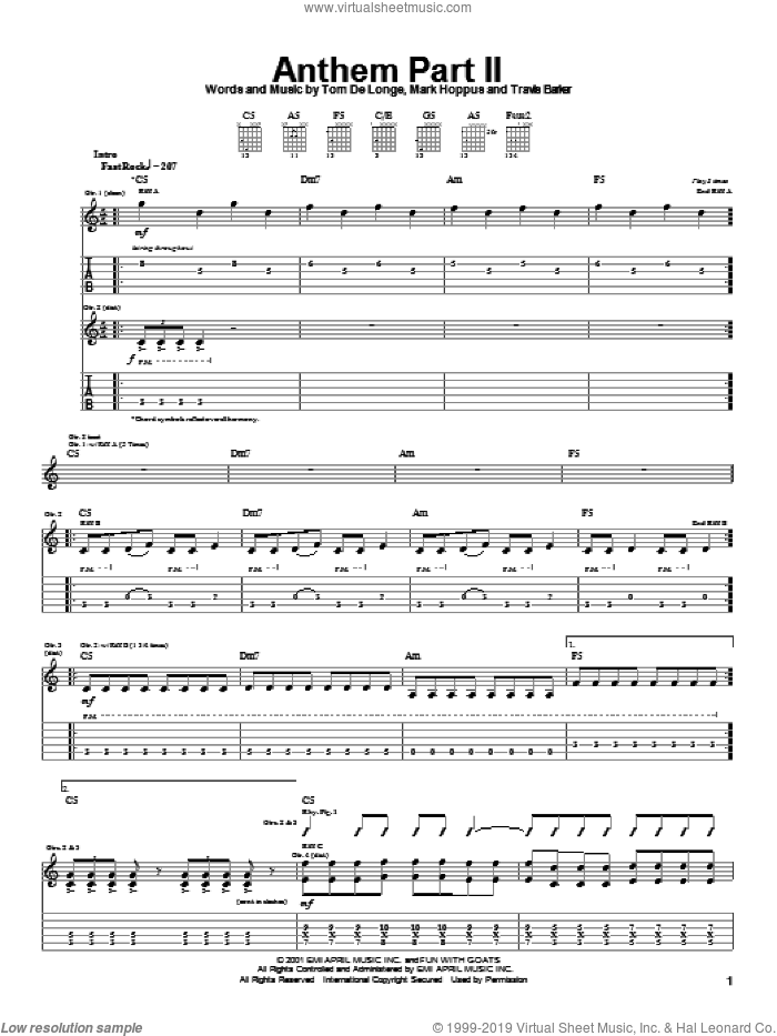 Anthem Part II sheet music for guitar (tablature) by Blink-182, Mark Hoppus, Tom DeLonge and Travis Barker, intermediate skill level