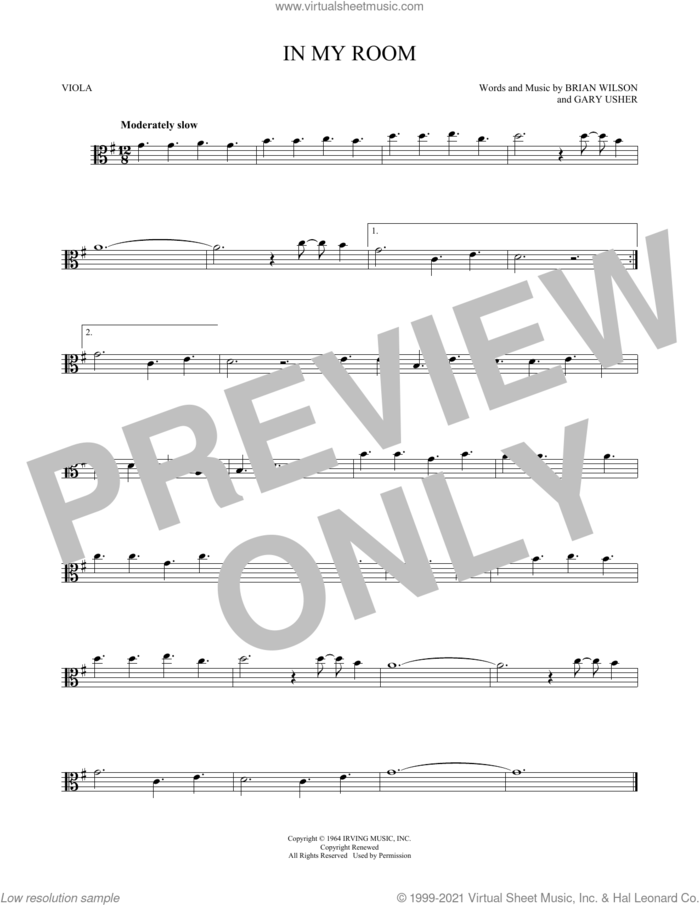 In My Room sheet music for viola solo by The Beach Boys, Brian Wilson and Gary Usher, intermediate skill level