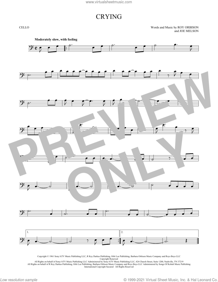 Crying sheet music for cello solo by Roy Orbison, Don McLean and Joe Melson, intermediate skill level