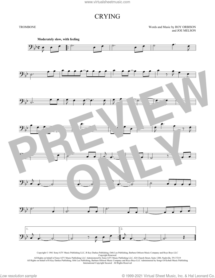 Crying sheet music for trombone solo by Roy Orbison, Don McLean and Joe Melson, intermediate skill level