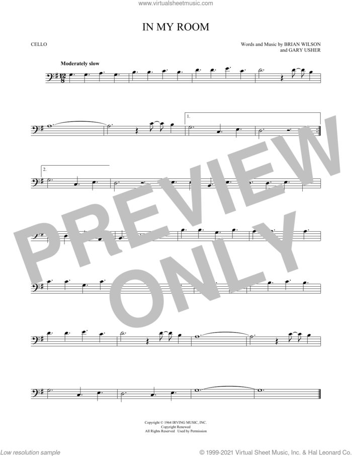 In My Room sheet music for cello solo by The Beach Boys, Brian Wilson and Gary Usher, intermediate skill level