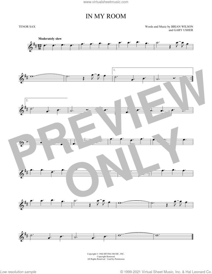 In My Room sheet music for tenor saxophone solo by The Beach Boys, Brian Wilson and Gary Usher, intermediate skill level
