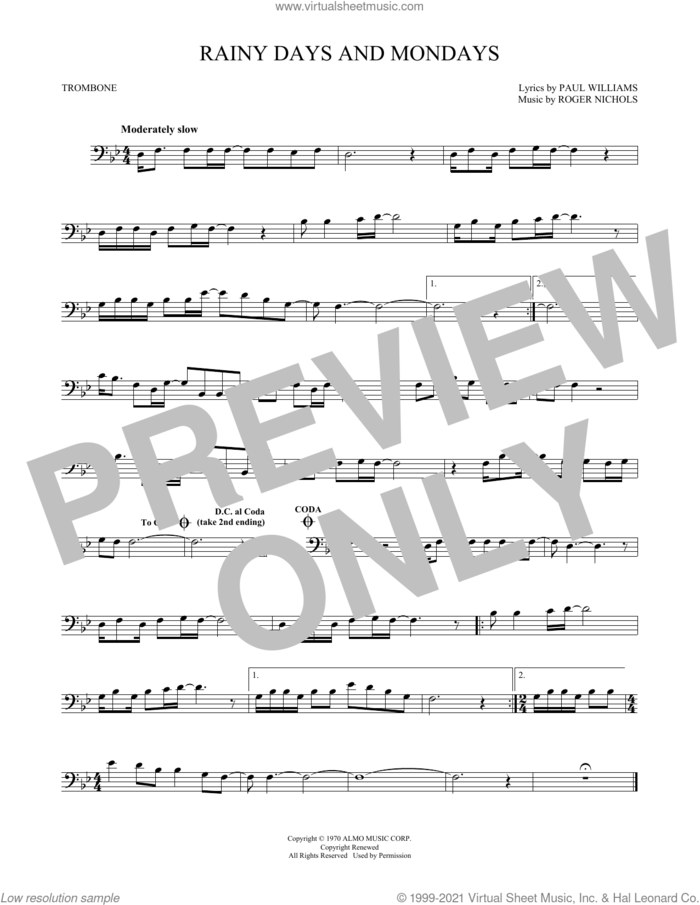 Rainy Days And Mondays sheet music for trombone solo by Carpenters, Paul Williams and Roger Nichols, intermediate skill level