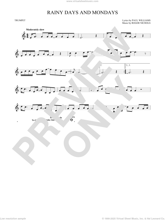 Rainy Days And Mondays sheet music for trumpet solo by Carpenters, Paul Williams and Roger Nichols, intermediate skill level