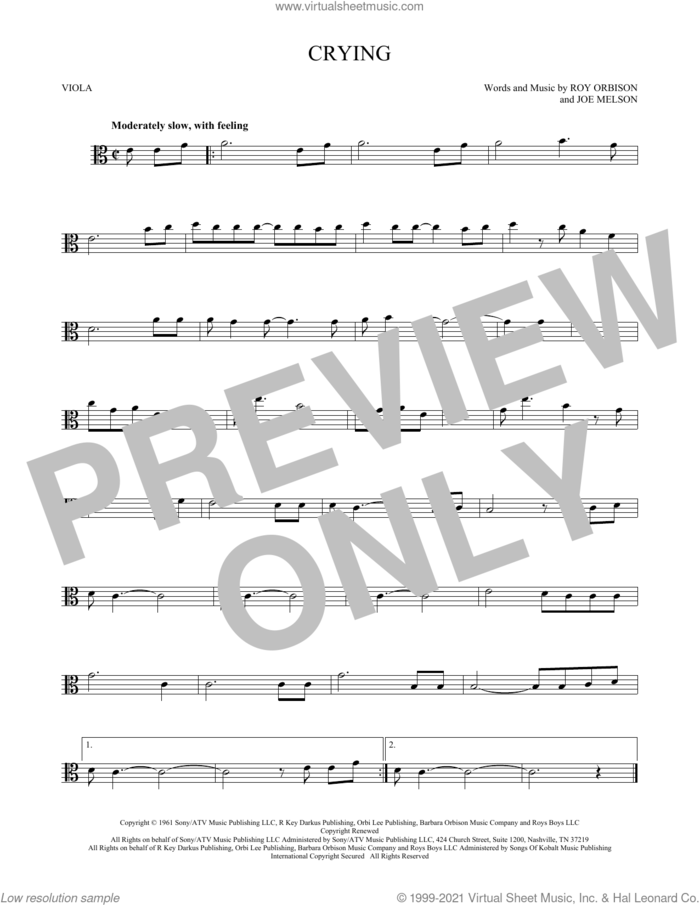 Crying sheet music for viola solo by Roy Orbison, Don McLean and Joe Melson, intermediate skill level