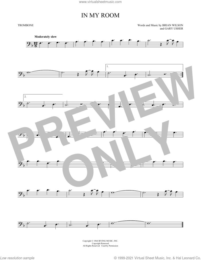 In My Room sheet music for trombone solo by The Beach Boys, Brian Wilson and Gary Usher, intermediate skill level