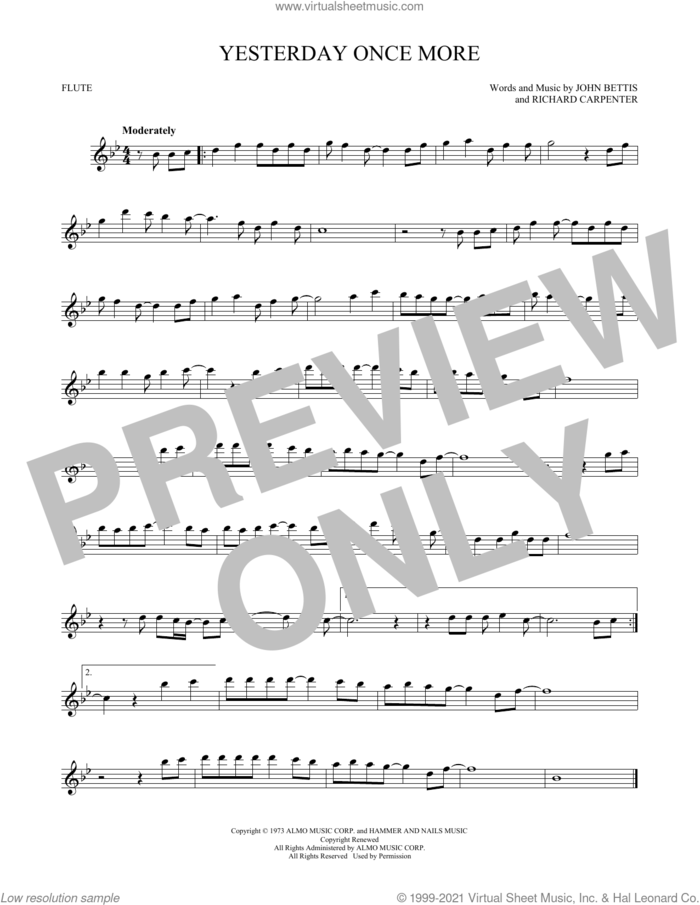 Yesterday Once More sheet music for flute solo by Carpenters, John Bettis and Richard Carpenter, intermediate skill level