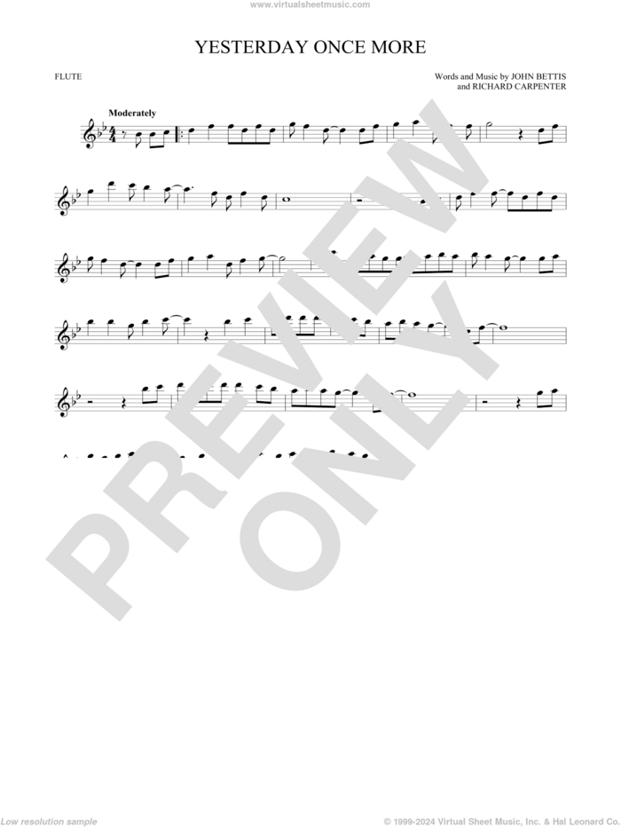 Yesterday Once More sheet music for flute solo by Carpenters, John Bettis and Richard Carpenter, intermediate skill level