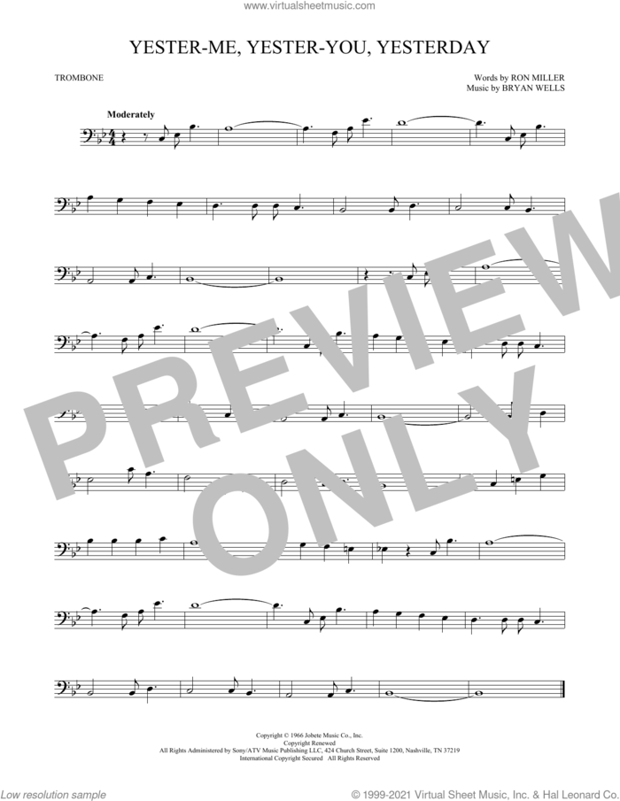 Yester-Me, Yester-You, Yesterday sheet music for trombone solo by Stevie Wonder, Bryan Wells and Ron Miller, intermediate skill level
